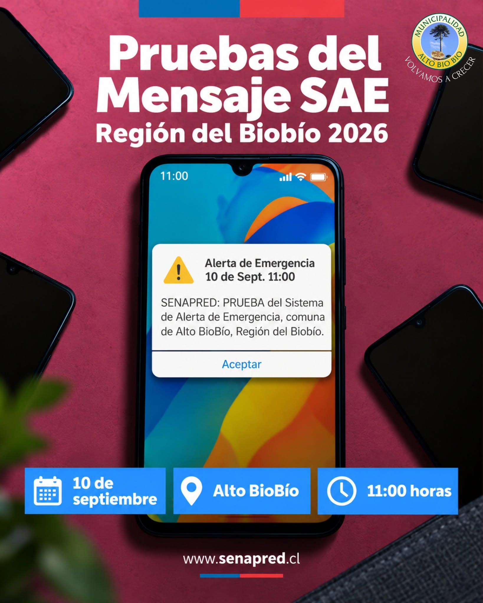 SENAPRED realizará prueba del Sistema de Alerta de Emergencia (SAE) este jueves en Alto Biobío